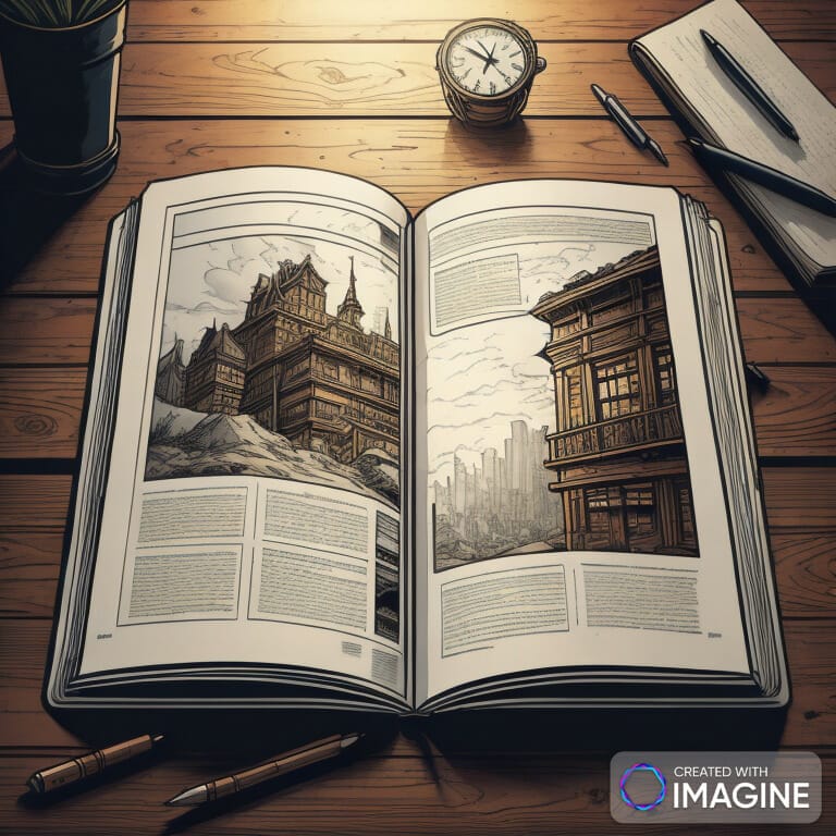 Cómo crear un cómic con Inteligencia Artificial - Ejemplo de imagen generada con Imagine.art  Un libro abierto con un dibujo de una guía de la ciudad.
