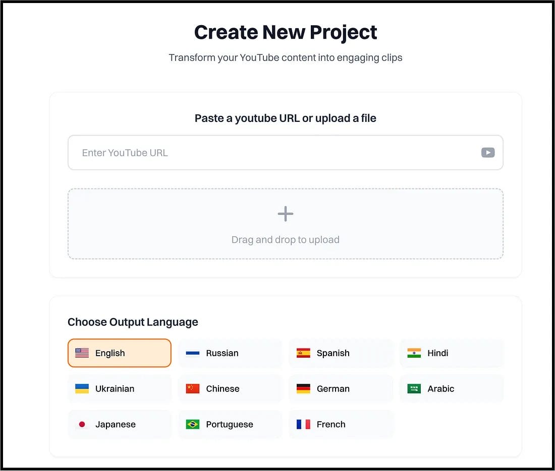 Explora nuestra página web para crear un nuevo proyecto utilizando herramientas de IA. Ingresa una URL de YouTube y elige el idioma de salida que desees entre opciones como inglés, ruso y español, entre otras: transfórmate día a día con facilidad.