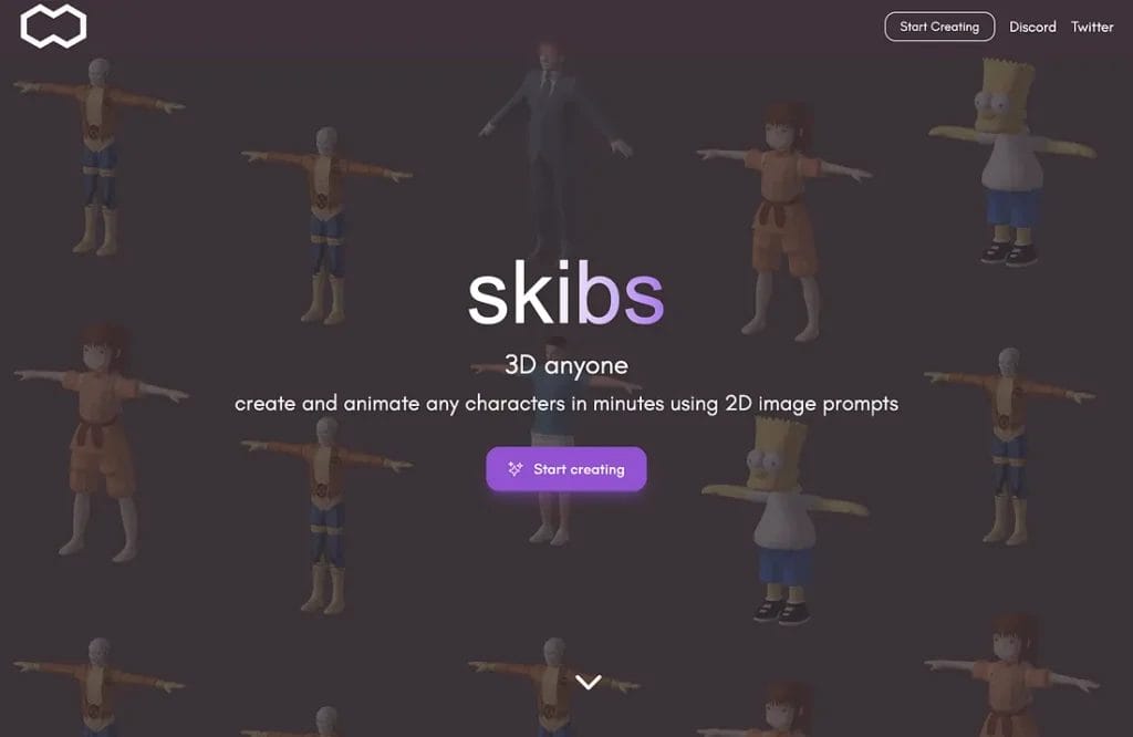 Más Allá de ChatGPT: 8 Herramientas de IA que Transformarán tu Día a Día La página de inicio del sitio web muestra modelos de animación 3D con un texto central que dice "skibs" y un botón "Comenzar a crear" debajo. Transformarse día a día con innovadoras herramientas de IA, el fondo presenta modelos de personajes repetidos, lo que invita a la creatividad a cada mirada.