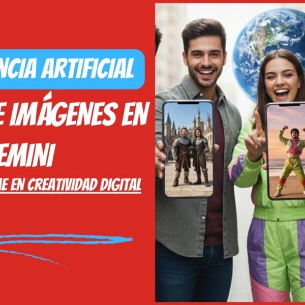 Tres personas sonríen de pie, cada una con un smartphone que muestra imágenes alteradas digitalmente, con un globo terráqueo de fondo y el texto en español Edición de imágenes en Gemini a la izquierda.