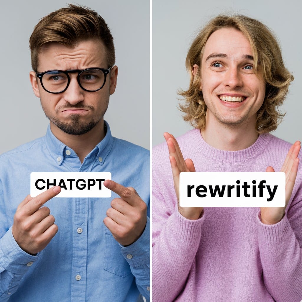 Cómo Humanizar Contenido Generado por ChatGPT e IA - Rewritify Dos personas con carteles: uno dice "CHATGPT" y el otro "re-envía". La primera persona parece confundida sobre "Cómo humanizar contenido generado por ChatGPT", mientras que la segunda parece feliz.