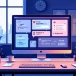 Un ordenador de sobremesa muestra varias interfaces de chatbot de IA en una oficina moderna con grandes ventanales, vistas al horizonte de la ciudad y accesorios de escritorio organizados, destacando la productividad y las soluciones avanzadas de inteligencia artificial.