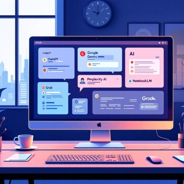 Un ordenador de sobremesa muestra varias interfaces de chatbot de IA en una oficina moderna con grandes ventanales, vistas al horizonte de la ciudad y accesorios de escritorio organizados, destacando la productividad y las soluciones avanzadas de inteligencia artificial.