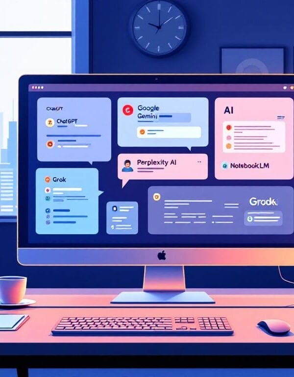 Un ordenador de sobremesa muestra varias interfaces de chatbot de IA en una oficina moderna con grandes ventanales, vistas al horizonte de la ciudad y accesorios de escritorio organizados, destacando la productividad y las soluciones avanzadas de inteligencia artificial.