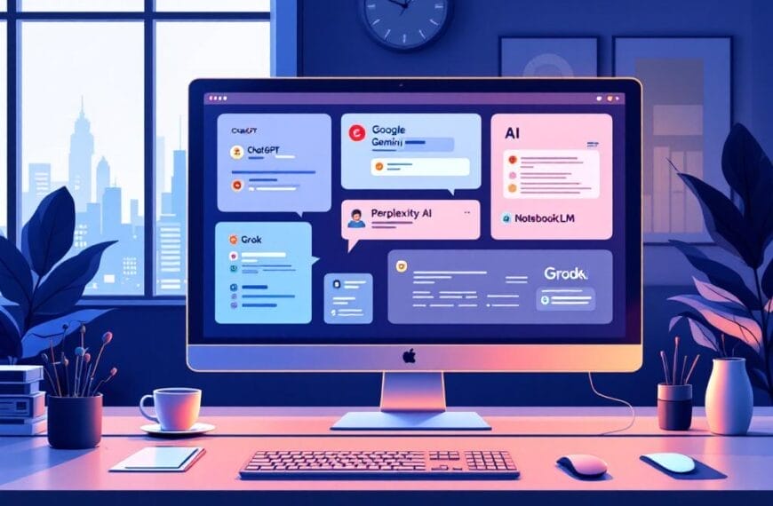 Un ordenador de sobremesa muestra varias interfaces de chatbot de IA en una oficina moderna con grandes ventanales, vistas al horizonte de la ciudad y accesorios de escritorio organizados, destacando la productividad y las soluciones avanzadas de inteligencia artificial.