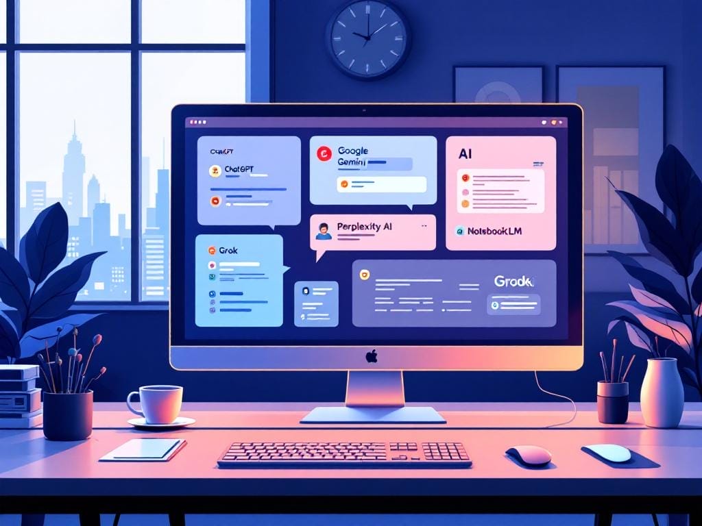 Un ordenador de sobremesa muestra varias interfaces de chatbot de IA en una oficina moderna con grandes ventanales, vistas al horizonte de la ciudad y accesorios de escritorio organizados, destacando la productividad y las soluciones avanzadas de inteligencia artificial.
