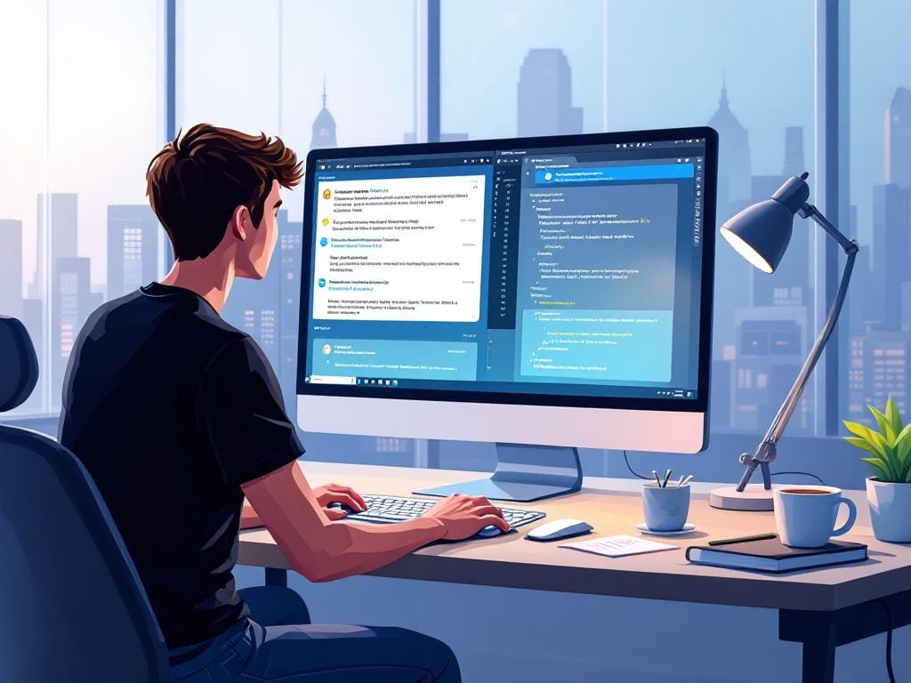 Cinco Herramientas de IA Que Cambiarán Tu Rutina y Tu Perspectiva de la Productividad - Una persona sentada en un escritorio trabajando en un ordenador con dos monitores que muestran mensajes de chat y código, utilizando Herramientas de IA para aumentar la productividad, en una oficina con grandes ventanales con vistas al horizonte de una ciudad.