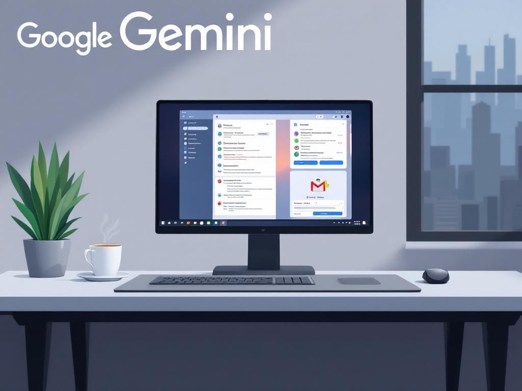 Cinco Herramientas de IA Que Cambiarán Tu Rutina y Tu Perspectiva de la Productividad - GEMINI. Un ordenador sobre un escritorio muestra una interfaz de mensajería, rodeado de una taza de café, una planta y un ratón. El logotipo de Google Gemini en la parte superior izquierda destaca el poder de la inteligencia artificial para mejorar la productividad.
