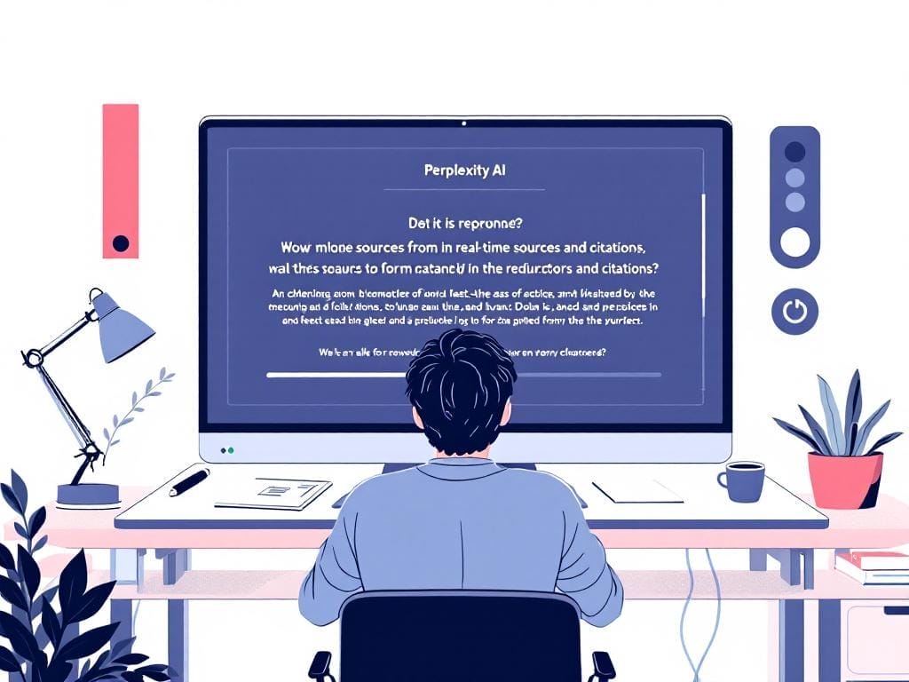 Cinco Herramientas de IA Que Cambiarán Tu Rutina y Tu Perspectiva de la Productividad - Perplexity.ai- Una persona se sienta en un escritorio frente a un gran monitor de ordenador que muestra "Perplexity AI" y texto sobre fuentes, citas y precisión de respuesta, mostrando cómo las herramientas de IA impulsan la productividad y mejoran la inteligencia artificial.