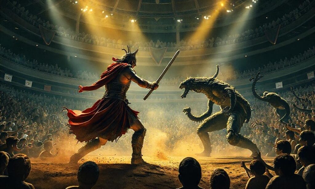 Éxito en YouTube: Una Guía Completa para Nuevos Creadores Un guerrero con armadura y una criatura humanoide con púas se enfrentan en una gran arena, su batalla épica arranca vítores de una audiencia ansiosa por la próxima sensación viral: es como presenciar un éxito en vivo en YouTube.