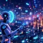 Un robot humanoide interactúa con datos digitales e interfaces holográficas, presentando Aventuras Digitales, sobre un fondo de paisaje urbano lleno de luces resplandecientes e iconos tecnológicos.