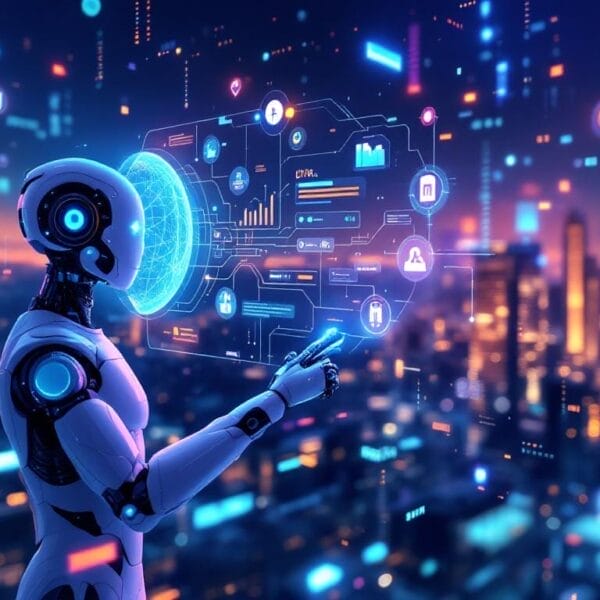 Un robot humanoide interactúa con datos digitales e interfaces holográficas, presentando Aventuras Digitales, sobre un fondo de paisaje urbano lleno de luces resplandecientes e iconos tecnológicos.