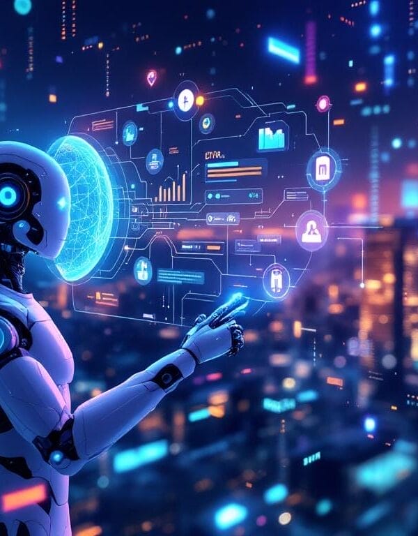 Un robot humanoide interactúa con datos digitales e interfaces holográficas, presentando Aventuras Digitales, sobre un fondo de paisaje urbano lleno de luces resplandecientes e iconos tecnológicos.