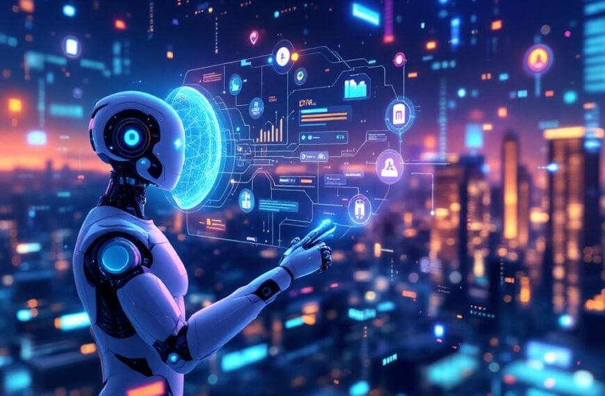 Un robot humanoide interactúa con datos digitales e interfaces holográficas, presentando Aventuras Digitales, sobre un fondo de paisaje urbano lleno de luces resplandecientes e iconos tecnológicos.