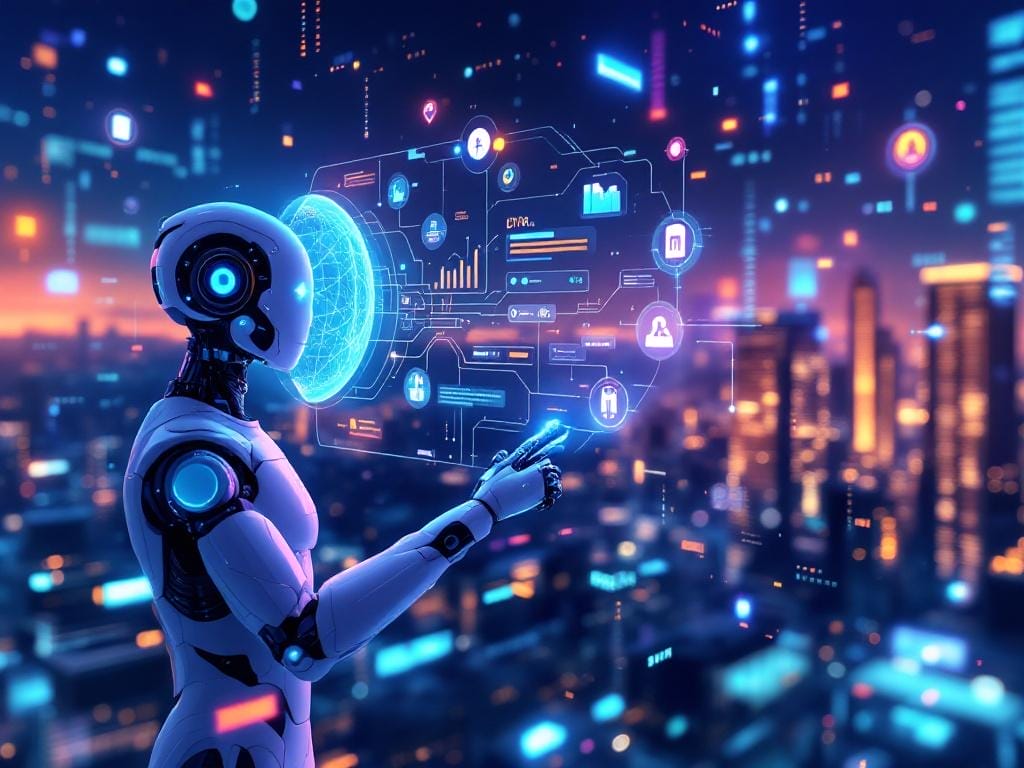 Un robot humanoide interactúa con datos digitales e interfaces holográficas, presentando Aventuras Digitales, sobre un fondo de paisaje urbano lleno de luces resplandecientes e iconos tecnológicos.