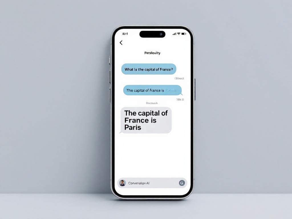 Perplexity AI: Más Allá de Google – Secretos, Consejos y Aventuras Digitales 1 Un smartphone muestra un chat en el que un usuario pregunta por la capital de Francia y la IA Perplexity responde: "La capital de Francia es París".