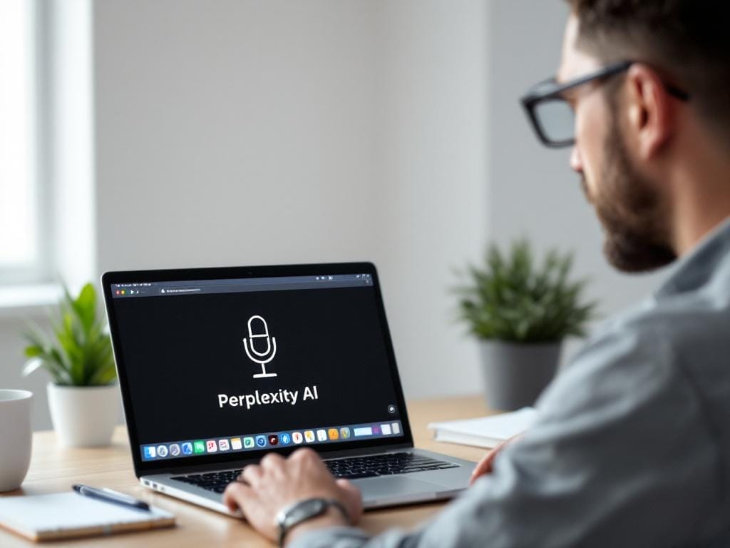 Perplexity AI: Más Allá de Google – Secretos, Consejos y Aventuras Digitales 2 Una persona se sienta en un escritorio con un portátil que muestra el logotipo de Perplexity AI y el icono de un micrófono, lista para embarcarse en nuevas aventuras digitales. Dos pequeñas plantas en maceta añaden un toque fresco al fondo.