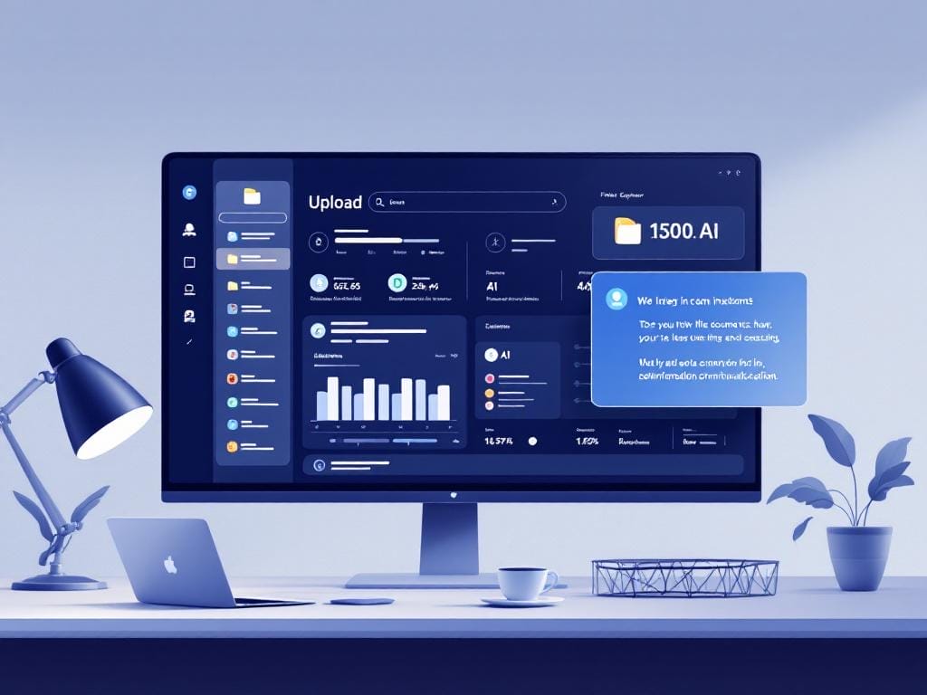 Perplexity AI: Más Allá de Google – Secretos, Consejos y Aventuras Digitales 3 Un monitor de ordenador muestra un panel de datos con gráficos, estadísticas y opciones de carga de archivos, mejorado por Perplexity AI. Una ventana de notificación está abierta. Alrededor del monitor se ven accesorios de escritorio y plantas.