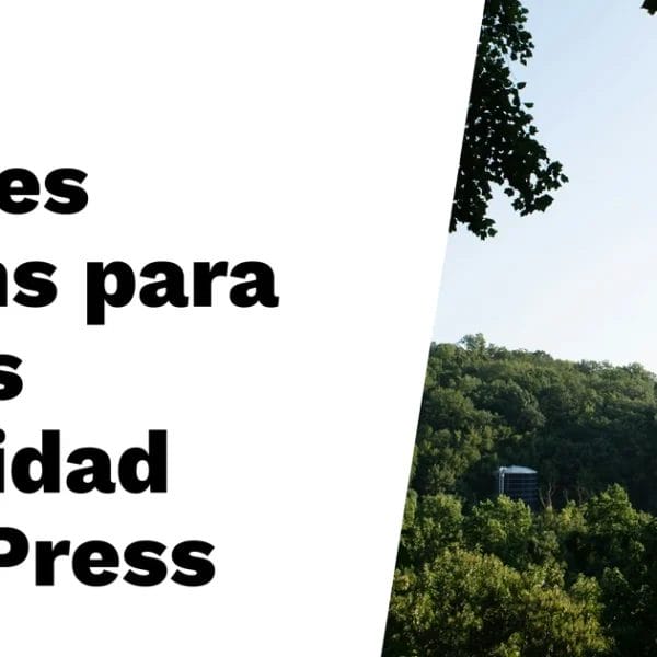 El texto en español dice "Mejores plugins de copias de seguridad WordPress para 2025" junto a una escena al aire libre con árboles y una chimenea.