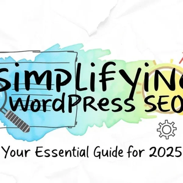 El texto dice: "Simplificando el SEO de WordPress. Tu guía esencial para 2025". con elementos de diseño coloridos.