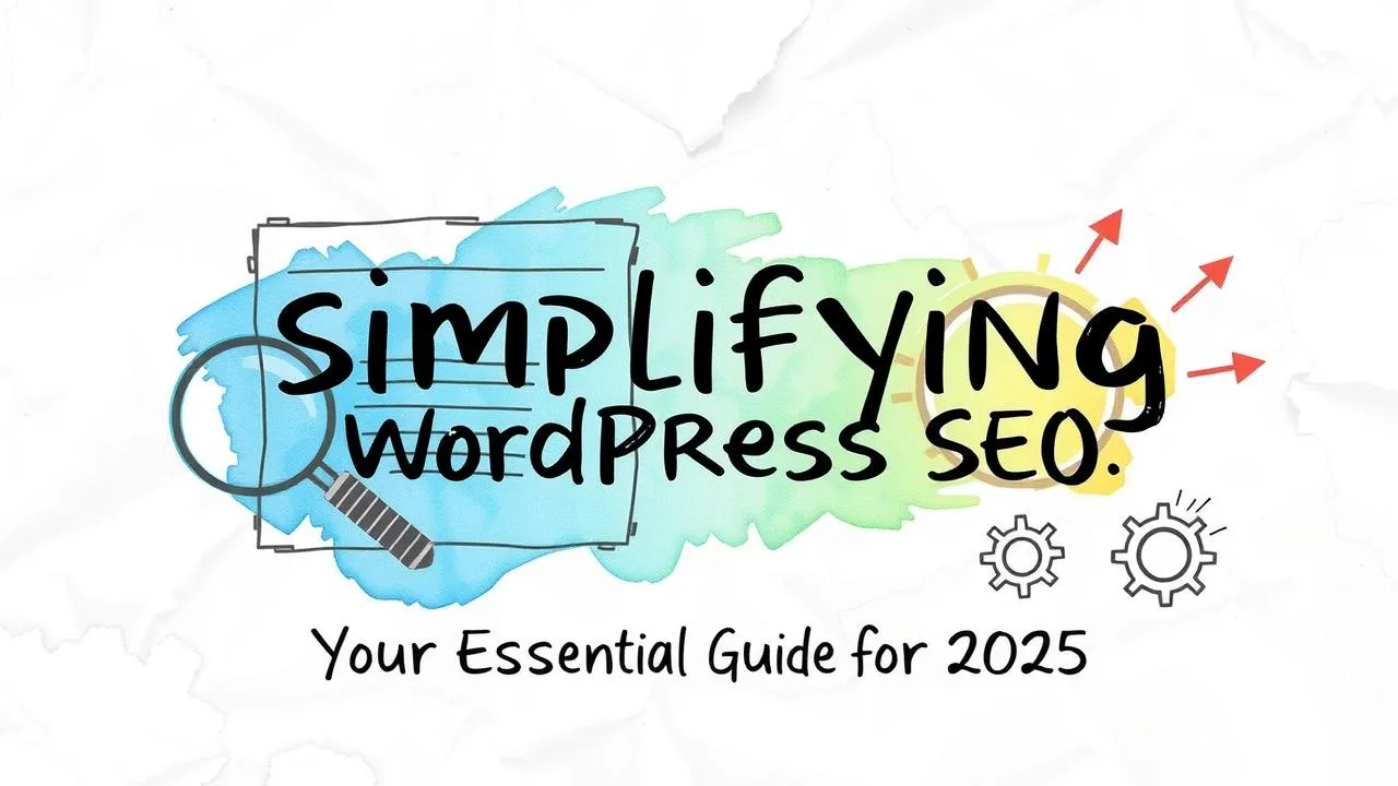 El texto dice: "Simplificando el SEO de WordPress. Tu guía esencial para 2025". con elementos de diseño coloridos.