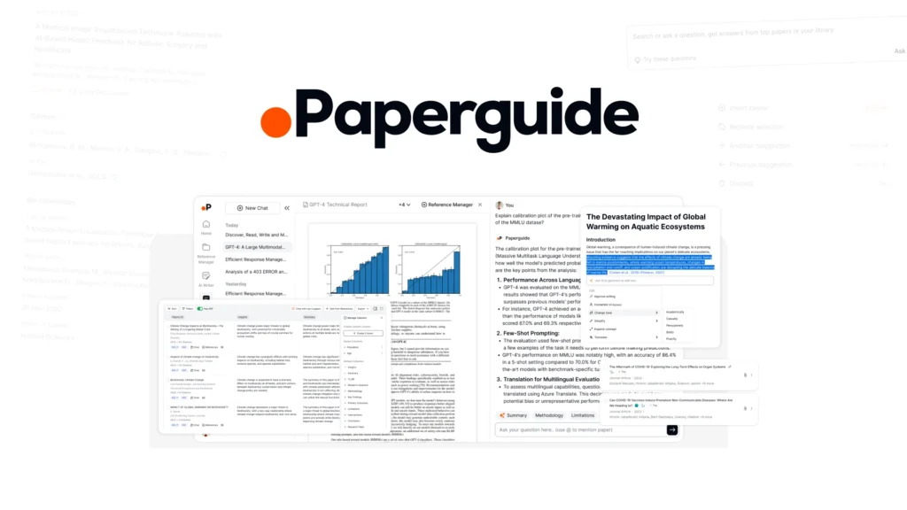 Más Allá de ChatGPT: 8 Herramientas de IA que Transformarán tu Día a Día Captura de pantalla de la interfaz de Paperguide, que muestra su tablero impulsado por IA con gráficos, texto resaltado y vistas previas de documentos centrados en el calentamiento global y los ecosistemas acuáticos.