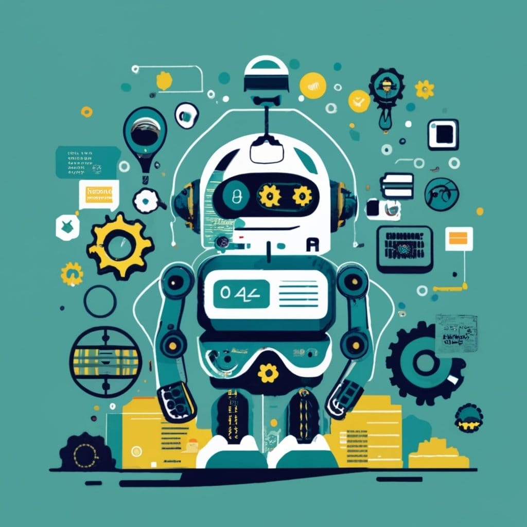 Una ilustración de un robot rodeado de engranajes y otros objetos que utiliza herramientas de inteligencia artificial para aumentar tu productividad.