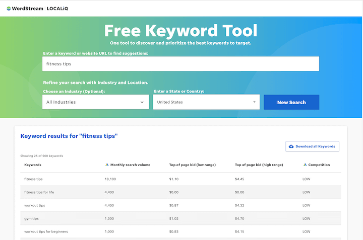 Herramientas gratuitas de investigación de palabras clave - Wordstream -- Descripción: Una captura de pantalla de la herramienta gratuita de investigación de palabras clave.