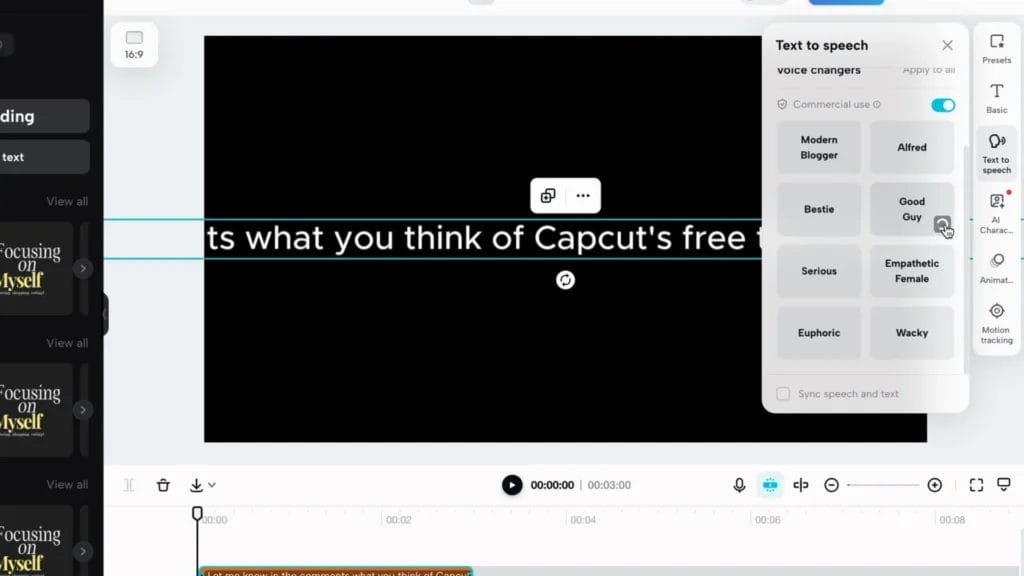 los Mejores Conversores Texto a Audio Gratuitos para Creadores 3 Los Mejores Conversores Texto a Audio Gratuitos para Creadores : CAPCUT Una captura de pantalla de una interfaz de edición de video muestra el texto "lo que piensas de Capcut gratis" sobre un fondo negro, con las opciones de formato de texto de Borrador automático ubicadas convenientemente a la derecha.