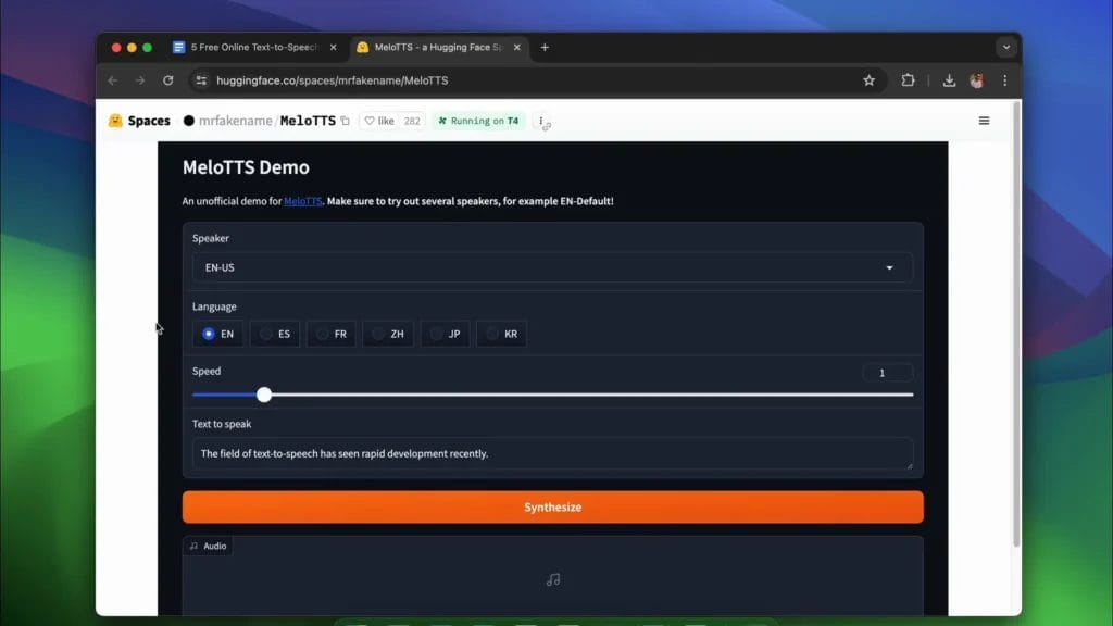 los Mejores Conversores Texto a Audio Gratuitos para Creadores 5 Los Mejores Conversores Texto a Audio Gratuitos para Creadores : MELLO TTS Captura de pantalla de una página web titulada "MeloTTS Demo" que presenta opciones para seleccionar el hablante, el idioma, el tono y la velocidad para la síntesis de texto a voz. Se ve un botón de síntesis que ofrece capacidades de borrador automático para una creación de audio sin interrupciones.