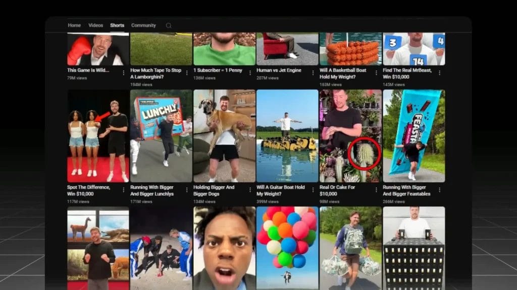 Cómo superar las 1,000 vistas en YouTube Shorts y hacerlos virales en 2025 2 La página de inicio de YouTube muestra una cuadrícula de miniaturas de vídeo con varias personas en exteriores e interiores, realizando diferentes actividades con fondos coloridos, junto con los vídeos cortos de YouTube que marcan tendencia.