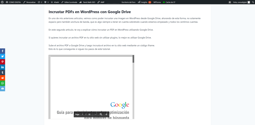 como incrustar un pdf en wordpress desde google drive