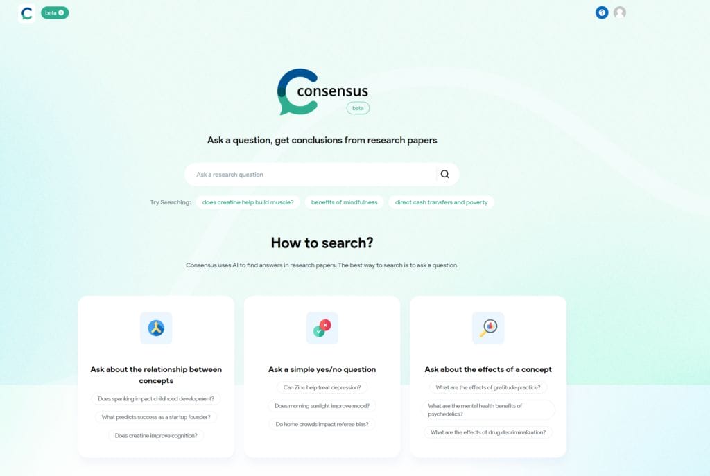 Consensus Motor de búsqueda de IA que te ayuda a encontrar investigaciones científicas relevantes 2 Consensus: Motor de búsqueda de IA