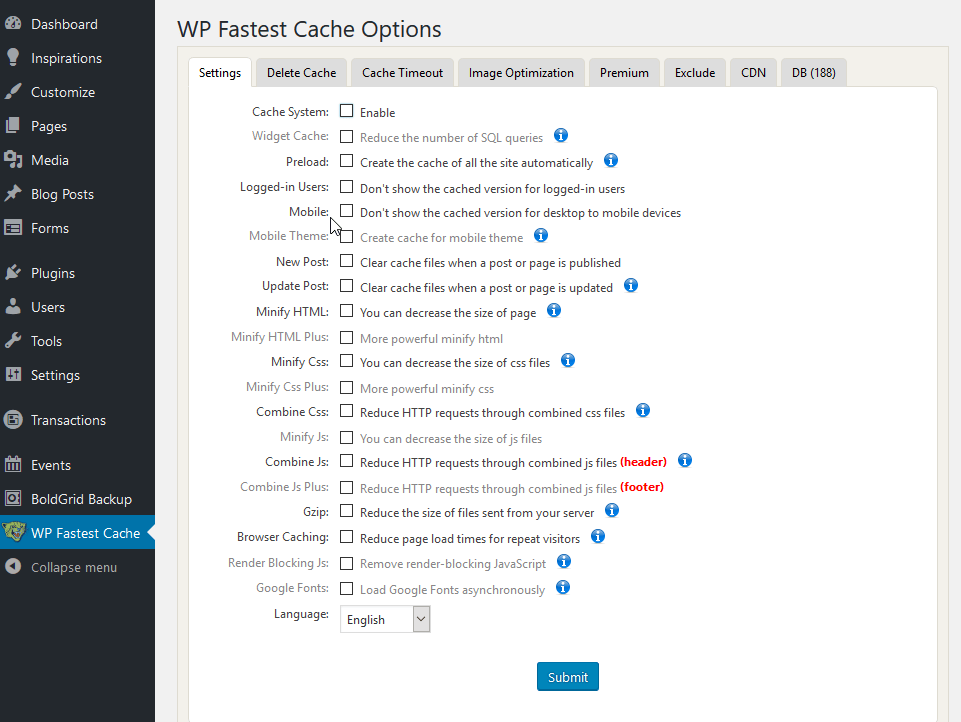 Configuración del plugin WP Fastest Cache. 