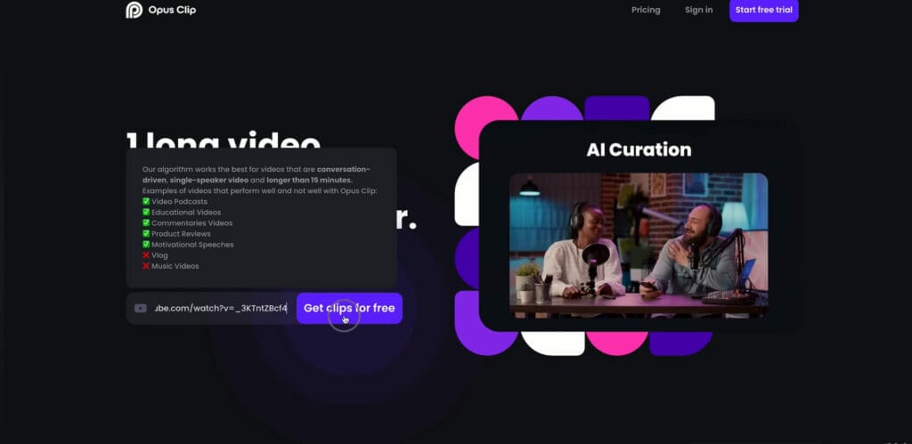 Una captura de pantalla de un sitio web con un fondo morado que muestra 30 videos cortos creados con IA.