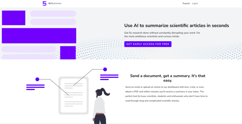 ¡La página de inicio de un sitio web con un fondo morado que muestra 10 herramientas de IA GRATUITAS que te dejarán boquiabierto! Resumir artículos científicos