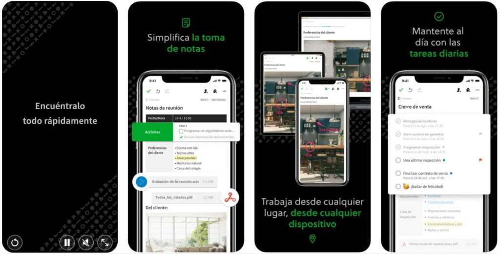 Las 7 mejores apps para tomar notas en iPad - Evernote - Un grupo de smartphones con pantalla negra y pantalla verde, mostrando las mejores aplicaciones para tomar notas en ipad.