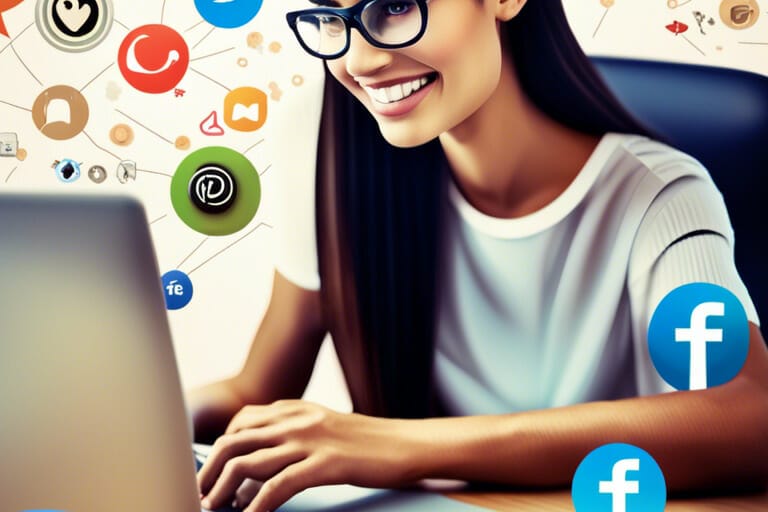 Una mujer que utiliza íconos de redes sociales mientras trabaja en una computadora.