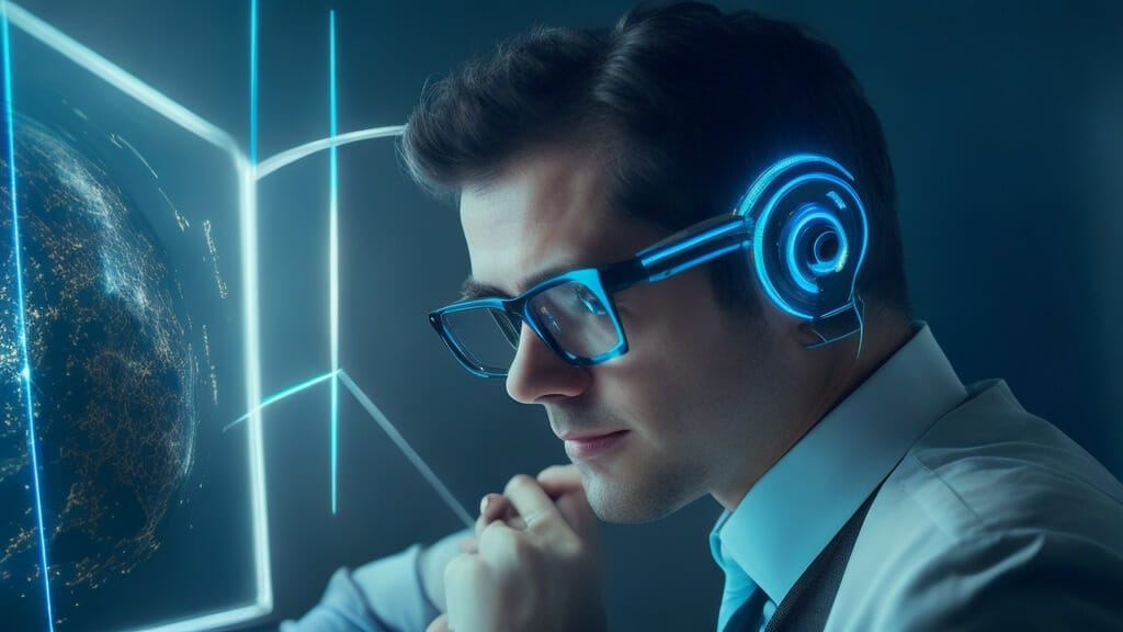 SEO con Inteligencia Artificial en WordPress : Un hombre con gafas utiliza complementos de SEO y herramientas de inteligencia artificial para optimizar la pantalla de una computadora con un globo terráqueo.