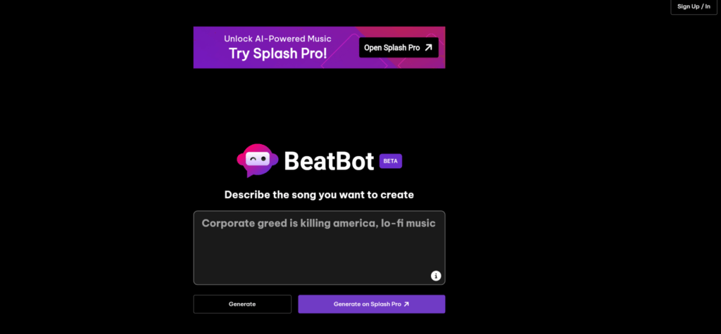 Los mejores generadores de música con IA - BeatBot - El sitio web Beatbot permite a los usuarios generar música con IA de forma gratuita y utilizarla en sus proyectos.