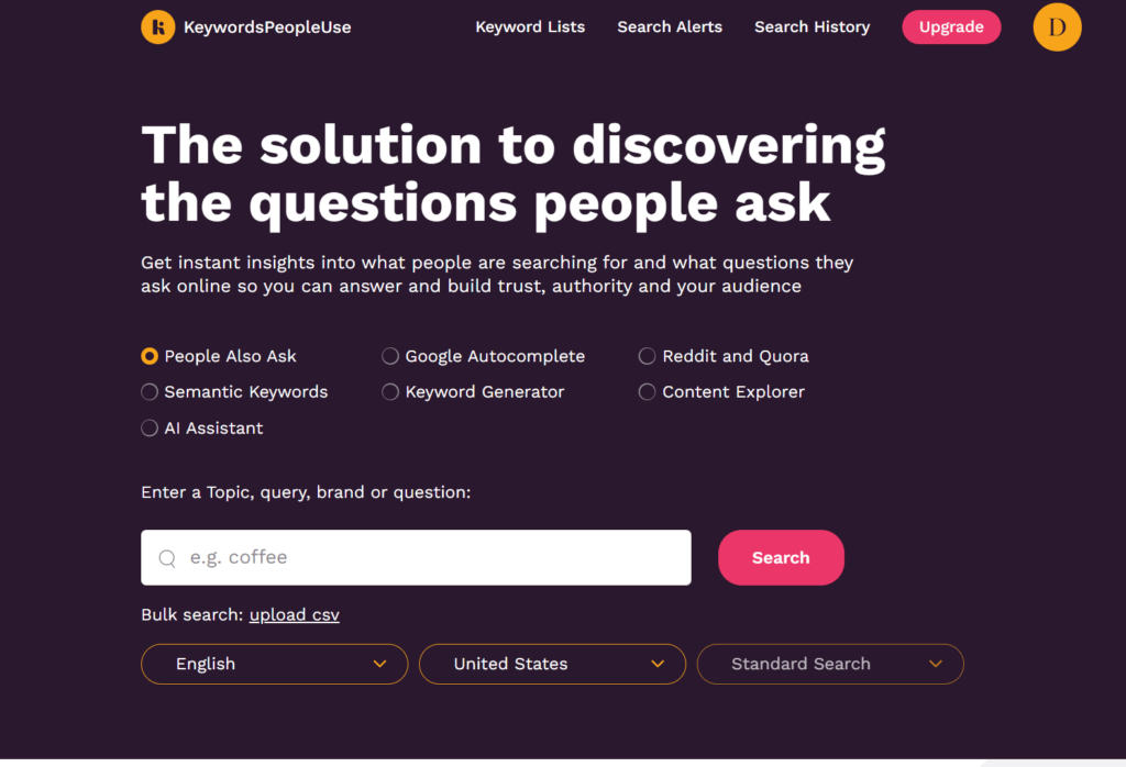 Keywordspeopleuse, Una herramienta de SEO para llevar tu marketing de contenidos a otro nivel al descubrir las preguntas que hace la gente.