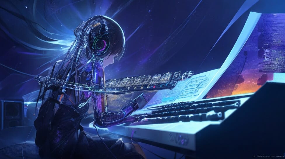 Una imagen de una mujer tocando un teclado con generadores de música de IA.