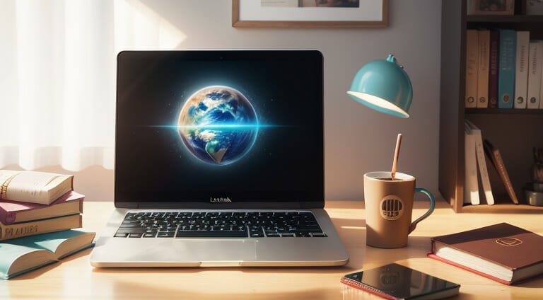Keywordspeople Una computadora portátil adornada con un globo terráqueo que impulsa su marketing de contenidos con una herramienta de SEO.