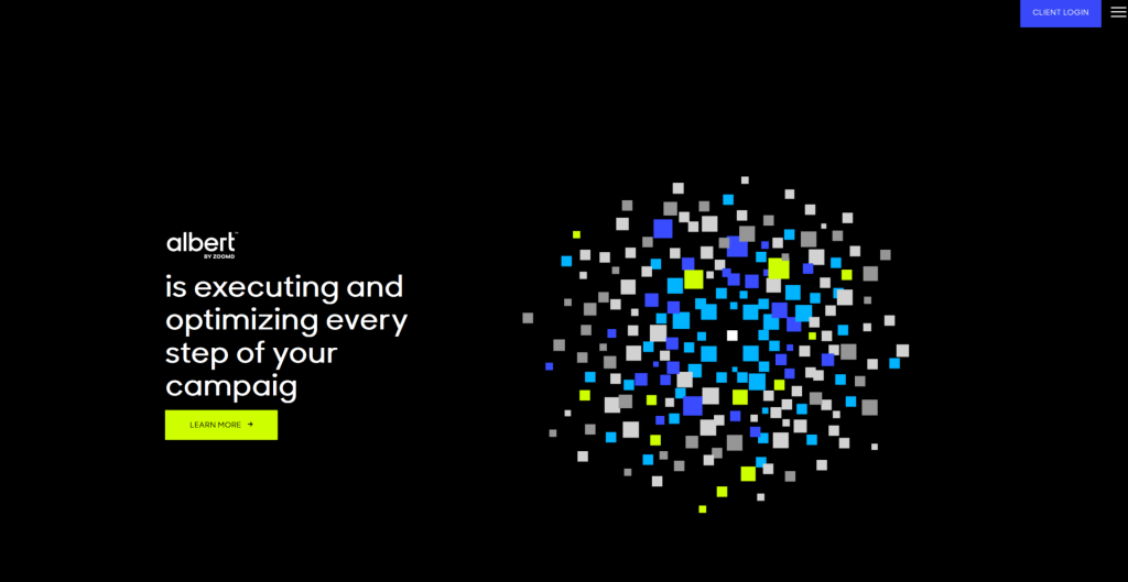 Un sitio web con un fondo negro con puntos blancos utiliza herramientas artificiales inteligentes para estrategias de marketing revolucionarias.