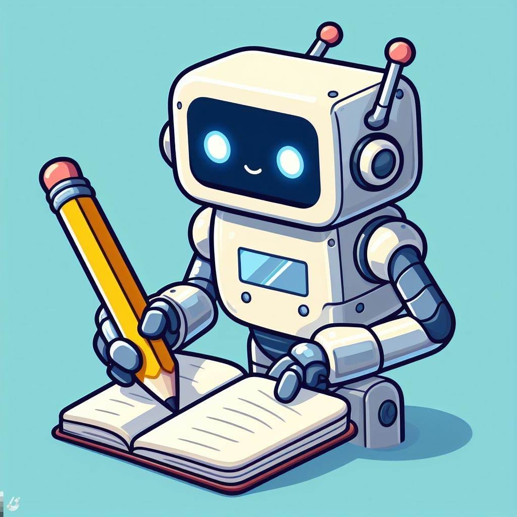 Un robot de dibujos animados escribiendo con un lápiz en un libro y contando historias.