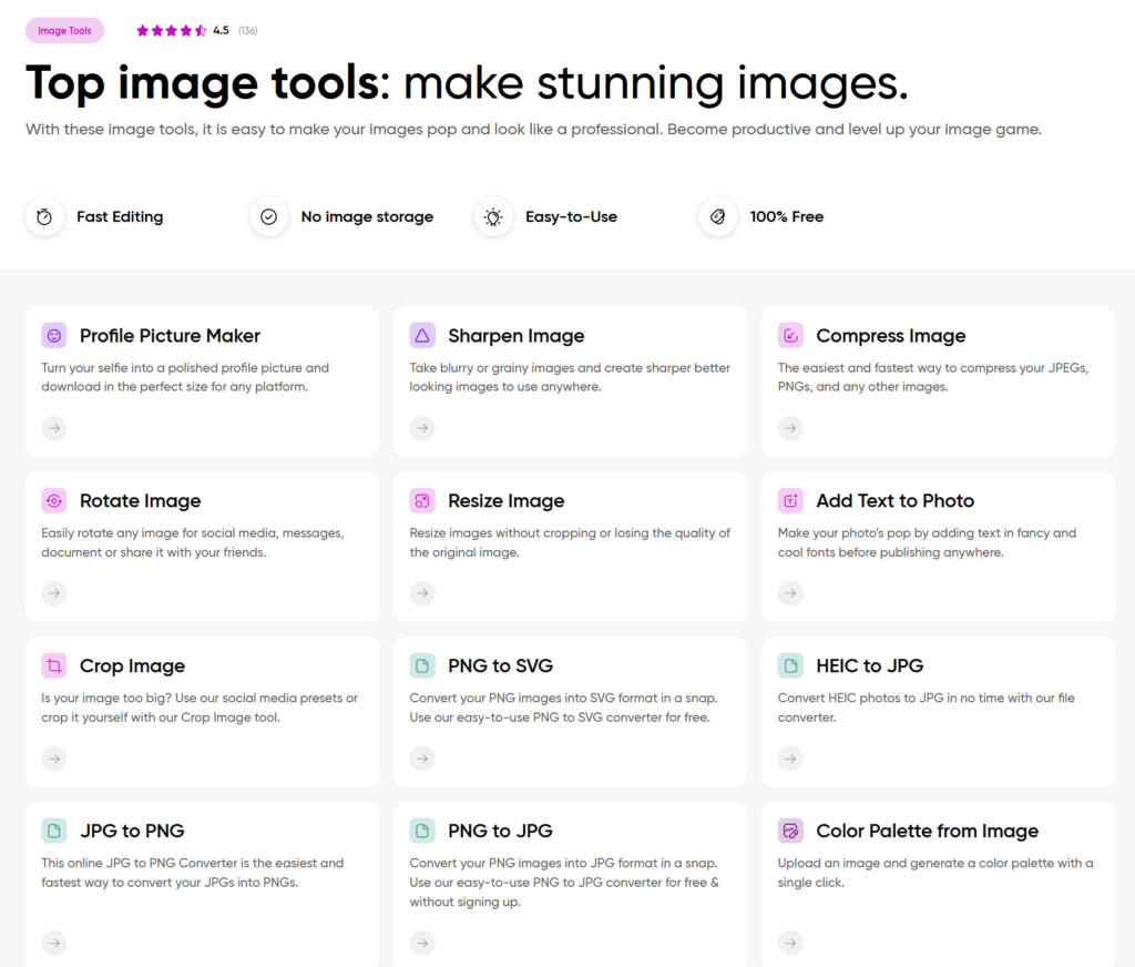 Una captura de pantalla de la página de herramientas de imagen superior con Quicktools y Picsart.
