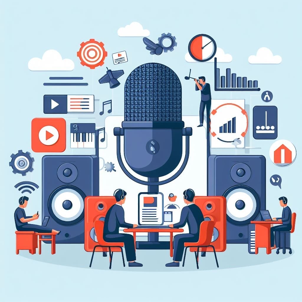 Consejos para mejorar tu podcast para atraer nuevos oyentes -  Calidad de audio - Un grupo de personas sentadas alrededor de un micrófono, trabajando juntas para mejorar su podcast y atraer nuevos oyentes para hacer crecer su audiencia.
