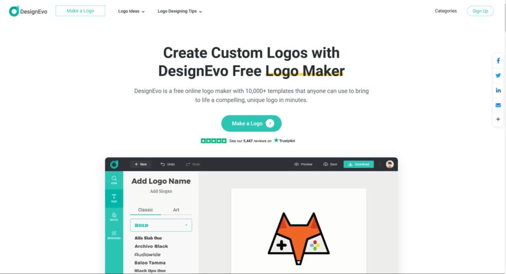 IA para crear logos - DesignEVO- Una captura de pantalla de un sitio web con las palabras cree logotipos personalizados con un creador de logotipos gratuito y de diseño que utiliza tecnología IA (generadores).