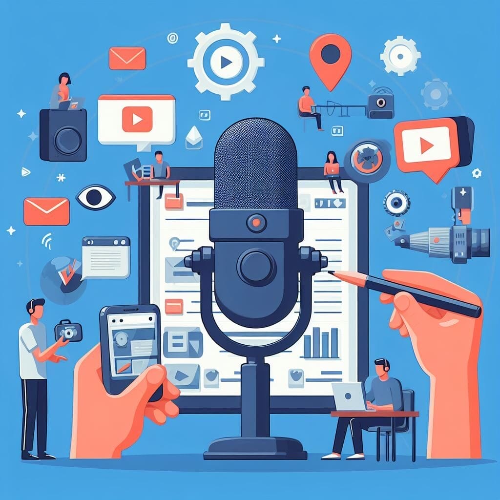 Consejos para mejorar tu podcast para atraer nuevos oyentes -  Otros consejos- Una ilustración de un micrófono con íconos de redes sociales a su alrededor, diseñada para mejorar la audiencia de tu podcast.