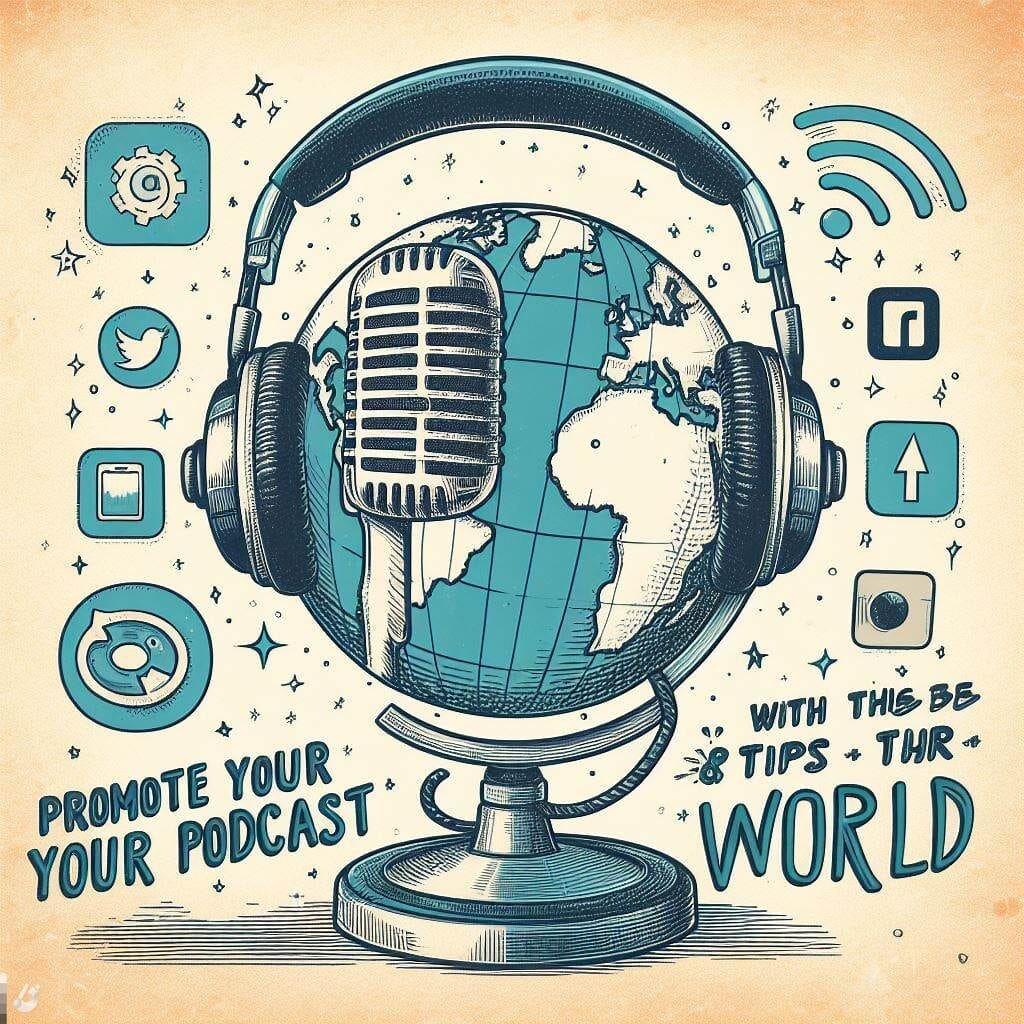 Consejos para mejorar tu podcast para atraer nuevos oyentes - Promoción de podcasts - Un dibujo de un globo terráqueo con auriculares, perfecto para mejorar la audiencia de tu podcast.